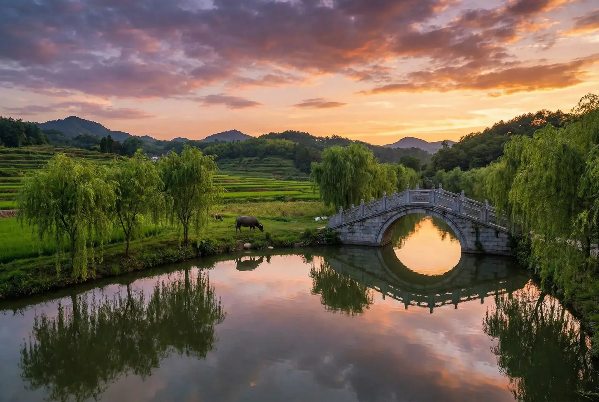夕阳下的石拱桥与垂柳，水牛在河边吃草 - 滴滴司机遇害监控 乡村美景